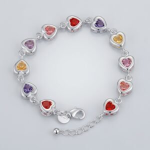 925 Sterling Silver Heart Link Bracelet with Colorful Cubic Zirconia